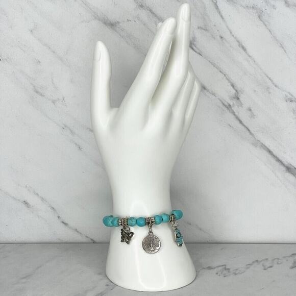 Silver Tone Butterfly Hamsa Tree Faux Turquoise Beaded Stretch Bracelet - Picture 2 of 6